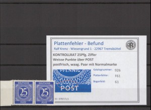 KONTROLLRAT 1947 PLATTENFEHLER Nr 926 F61 postfrisch (214724)