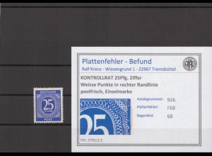 KONTROLLRAT 1947 PLATTENFEHLER Nr 926 F68 postfrisch (214729)