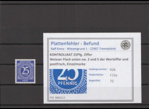 KONTROLLRAT 1947 PLATTENFEHLER Nr 926 F72a postfrisch (214736)