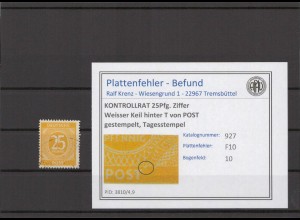 KONTROLLRAT 1947 PLATTENFEHLER Nr 927 F10 gestempelt (214744)