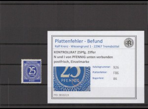 KONTROLLRAT 1947 PLATTENFEHLER Nr 926 F86 postfrisch (214747)