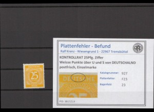 KONTROLLRAT 1947 PLATTENFEHLER Nr 927 F23 postfrisch (214750)