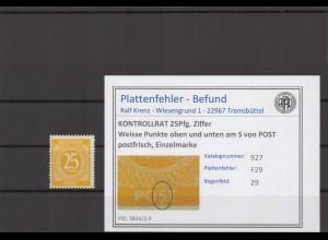 KONTROLLRAT 1947 PLATTENFEHLER Nr 927 F29 postfrisch (214757)