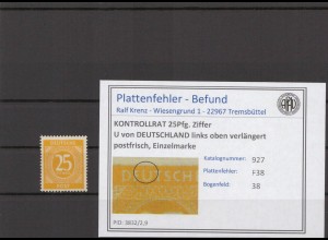 KONTROLLRAT 1947 PLATTENFEHLER Nr 927 F38 postfrisch (214764)