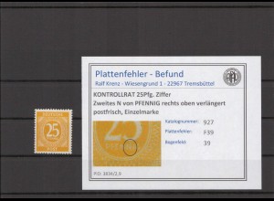 KONTROLLRAT 1947 PLATTENFEHLER Nr 927 F39 postfrisch (214766)