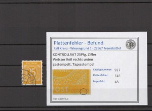 KONTROLLRAT 1947 PLATTENFEHLER Nr 927 F48 gestempelt (214771)