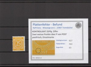 KONTROLLRAT 1947 PLATTENFEHLER Nr 927 F63 postfrisch (214780)