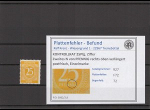KONTROLLRAT 1947 PLATTENFEHLER Nr 927 F72 postfrisch (214790)