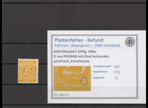 KONTROLLRAT 1947 PLATTENFEHLER Nr 927 F72 postfrisch (214792)