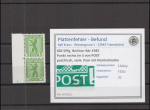SBZ 1945 PLATTENFEHLER Nr 1AAuy F31b postfrisch (218571)