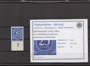 KONTROLLRAT 1947 PLATTENFEHLER Nr 926 IV postfrisch (219127)