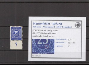 KONTROLLRAT 1947 PLATTENFEHLER Nr 926 IV postfrisch (219128)