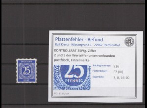 KONTROLLRAT 1947 PLATTENFEHLER Nr 926 III postfrisch (219133)