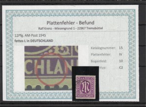 BIZONE 1948 PLATTENFEHLER Nr 15IV gestempelt (220151)