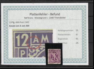 BIZONE 1948 PLATTENFEHLER Nr 15III gestempelt (220155)