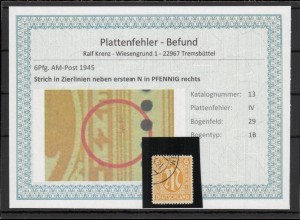 BIZONE 1948 PLATTENFEHLER Nr 13IV gestempelt (220156)
