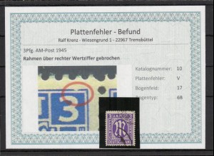 BIZONE 1948 PLATTENFEHLER Nr 10V gestempelt (220168)