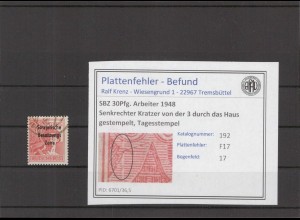 SBZ 1948 PLATTENFEHLER Nr 192 F17 gestempelt (221276)