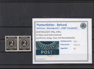 KONTROLLRAT 1947 PLATTENFEHLER Nr 912 I postfrisch (224016)