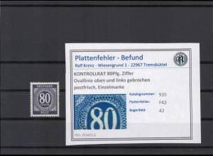 KONTROLLRAT 1947 PLATTENFEHLER Nr 935 F42 postfrisch (224024)