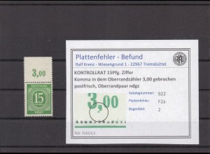 KONTROLLRAT 1947 PLATTENFEHLER Nr 922 F2a postfrisch (224028)