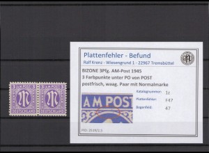 BIZONE 1945 PLATTENFEHLER Nr 1z F47 postfrisch (409732)