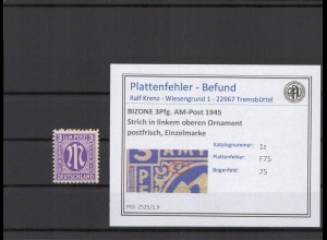 BIZONE 1945 PLATTENFEHLER Nr 1z F75 postfrisch (409737)