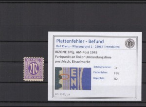 BIZONE 1945 PLATTENFEHLER Nr 1z F82 postfrisch (409739)