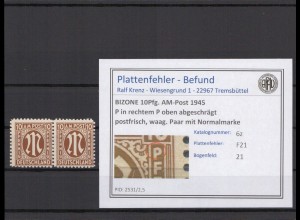 BIZONE 1945 PLATTENFEHLER Nr 6z F21 postfrisch (409743)