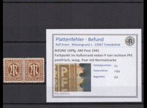 BIZONE 1945 PLATTENFEHLER Nr 6z F84 postfrisch (409746)