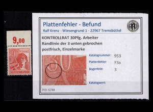 KONTROLLRAT 1947 PLATTENFEHLER Nr 953 F3a postfrisch (230927)
