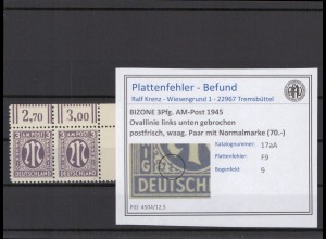 BIZONE 1945 PLATTENFEHLER Nr 17aA F9 postfrisch (231328)