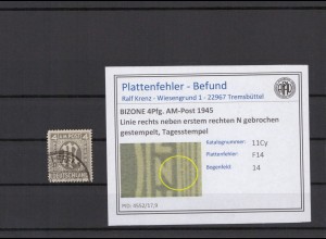 BIZONE 1945 PLATTENFEHLER Nr 11Cy F14 gestempelt (231334)