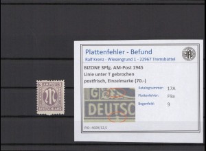 BIZONE 1945 PLATTENFEHLER Nr 17aA F9 postfrisch (231342)