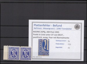 BIZONE 1945 PLATTENFEHLER Nr 9z F31 postfrisch (231559)