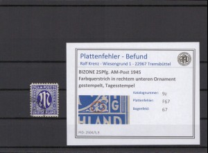 BIZONE 1945 PLATTENFEHLER Nr 9z F67 gestempelt (231561)