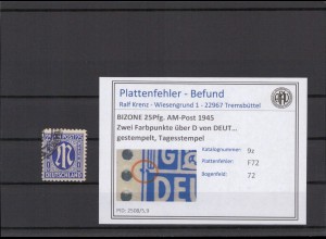 BIZONE 1945 PLATTENFEHLER Nr 9z F72 gestempelt (231563)