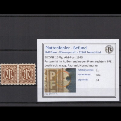 BIZONE 1945 PLATTENFEHLER Nr 6z F84 postfrisch (231568)