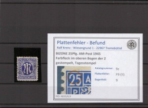 BIZONE 1945 PLATTENFEHLER Nr 9z II gestempelt (231569)