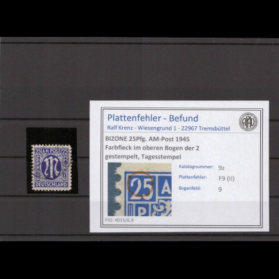 BIZONE 1945 PLATTENFEHLER Nr 9z II gestempelt (231569)