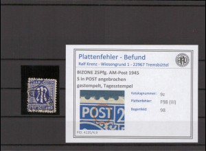 BIZONE 1945 PLATTENFEHLER Nr 9z III gestempelt (231570)